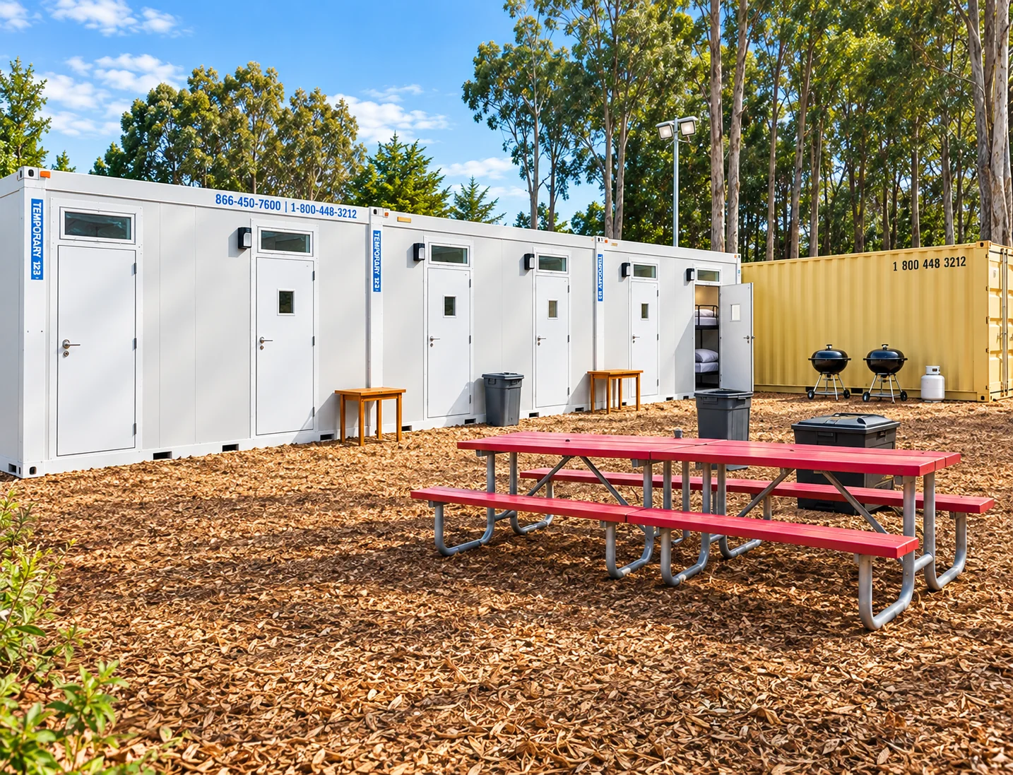 Crew accommodation units arranged beside an outdoor seating area